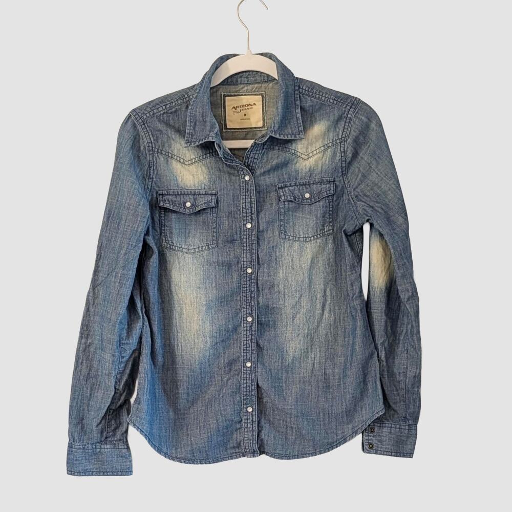 Arizona Jean Co Pearl Snap Chambray Western Shirt Cowgirl Denim Top M Rodeo